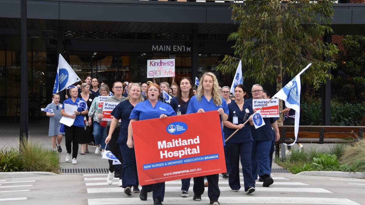FED UP: Maitland Hospital nurses rallied outside the Metford facility on Monday morning. Pictures by Laura Rumbel