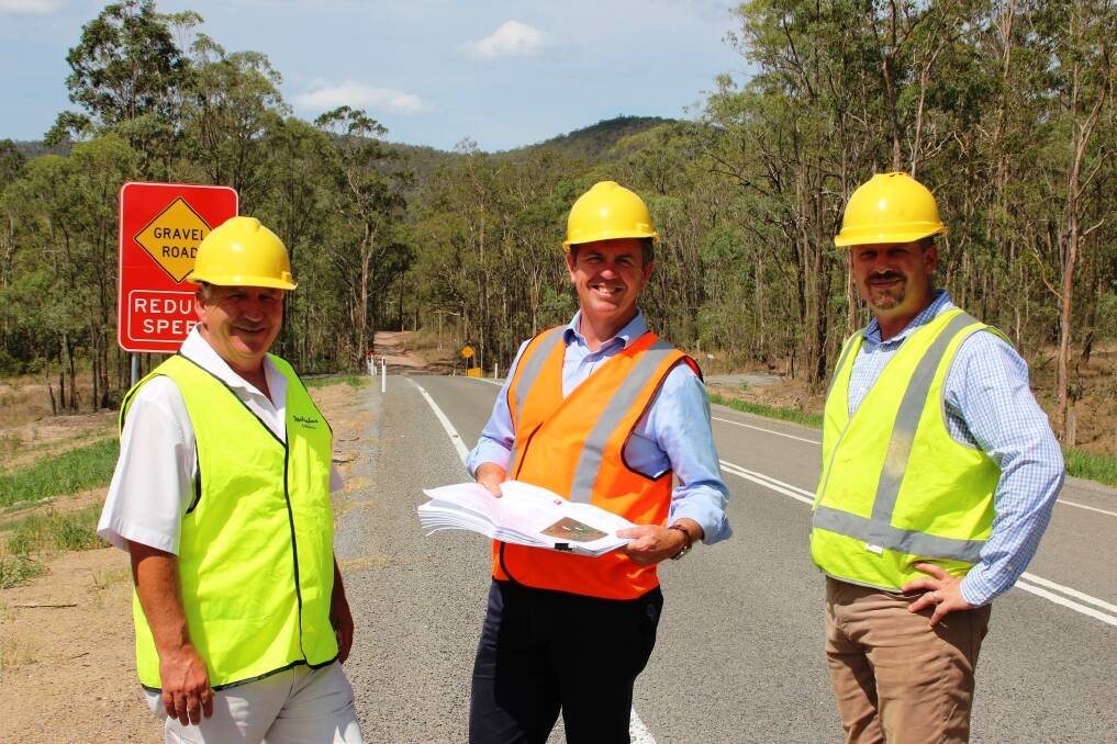INSPECTION: Cr Paul Le Mottee , Federal Member for Lyne Dr David Gillespie and Port Stephens Council Capital Works Section Manager Phil Miles inspect the latest work.