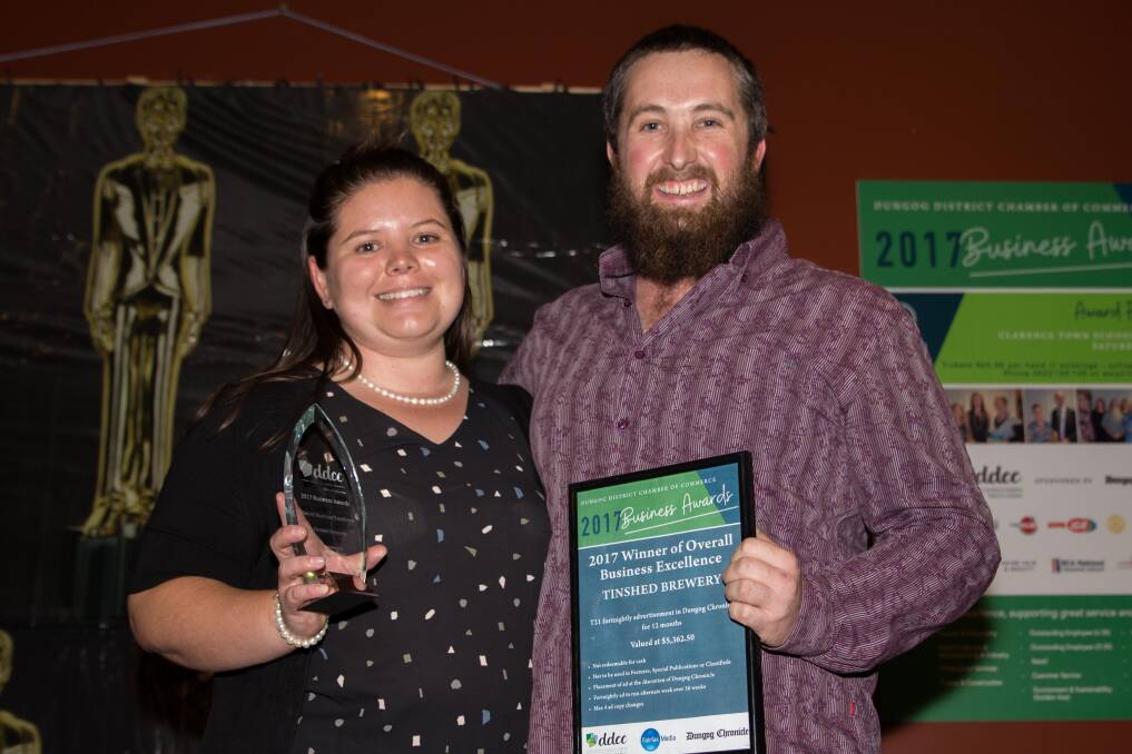 GRINNERS: Winner of the Overall Business Excellence Award and Best New Business Award,  Haley Collis and David Cox of The Tinshed Brewery.  Photo: Kristine O'Sullivan.