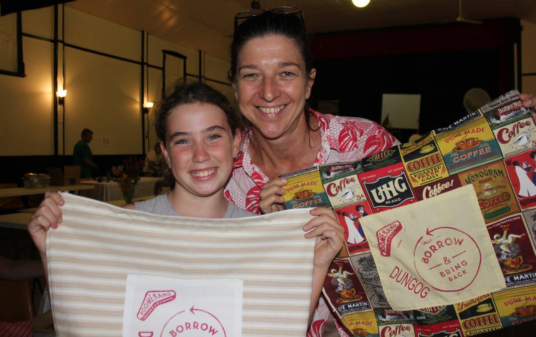 RECYCLING: Aimee Debbage and Michelle Dado-Millynn show off some of the Boomerang Bags.