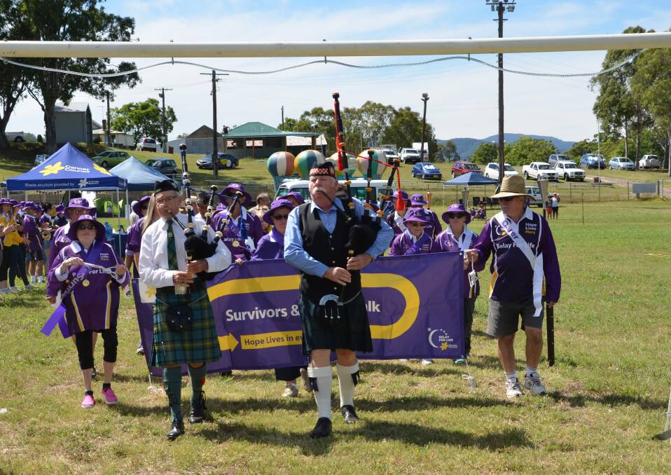 2016: Scottish pipers Malcolm Newbiggen and Andy Kilkelly lead the survivors and carers around the showground for the first lap of last year's event.