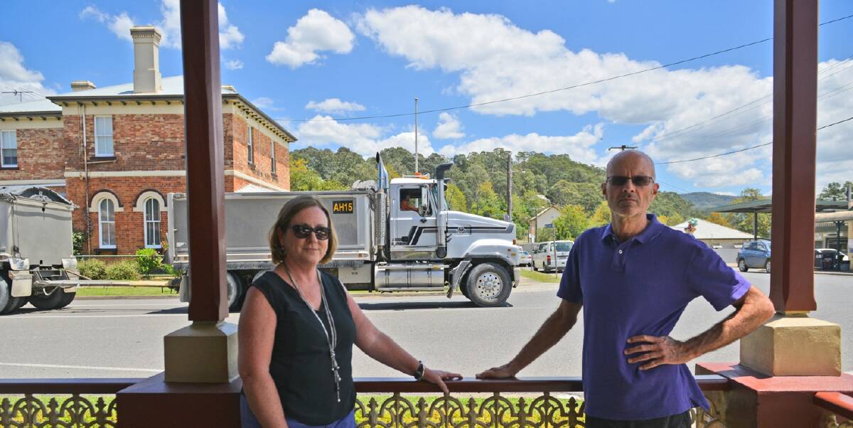 UPSET: Chris and Mark Walker standing on the verandah of the CBC Bed and Breakfast and Cafe where trucks pass on their way to and from Martins Creek Quarry. Picture: Belinda-Jane Davis