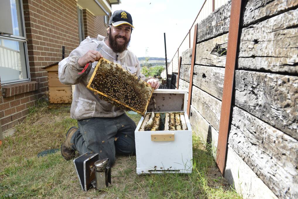 FOR THE LOVE OF BEES: Beekeeper Sam Giggins with one of his hives in his backyard. Pictures: Belinda-Jane Davis