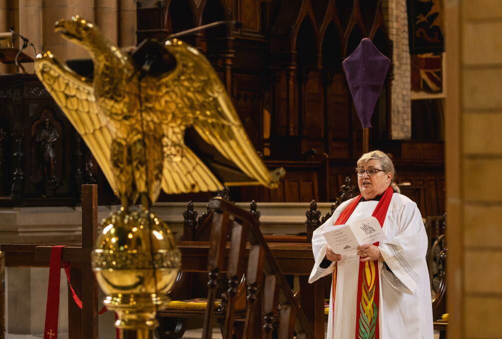 Anglican Dean of Newcastle, Katherine Bowyer led a family service at Christ Church Cathedral on Friday. Picture by Marina Neil .