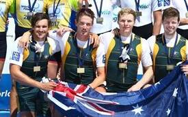GOLD: Australia's men's fours team, including Dungog's Spencer Turrin (second from right), after World Rowing Cup win. Picture: Rowing Australia
