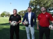 Northern NSW Football chief Peter Haynes, centre, with general manager referee growth and development Brad Carlin, left, and general manager football operations Liam Bentley on Wednesday. Picture by Simone De Peak