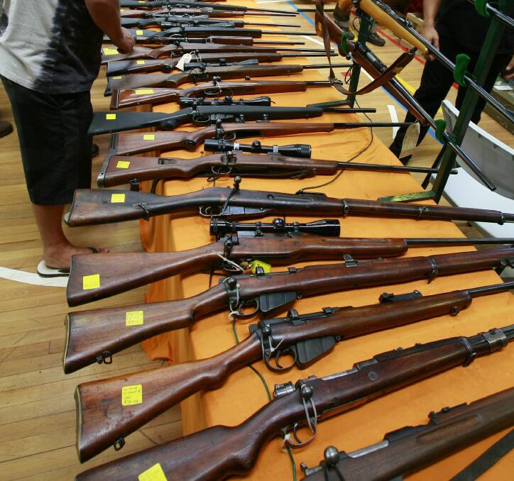 On display: Prospective buyers at a Hunter gun show. A Cardiff gun owner's 322 registered firearms represented a risk to the community, say the Greens. 