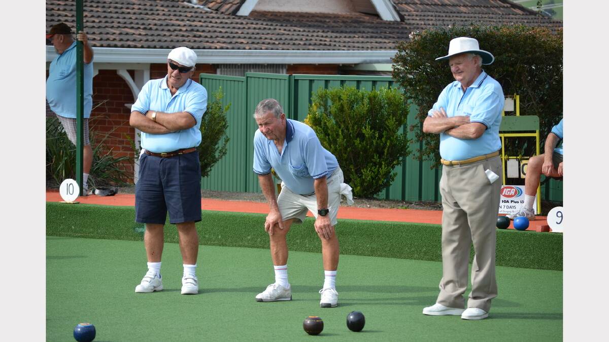 Gary Picton, Nev Trappel and Pell Brorson keeping an eye on the action at Dungog Bowling Club on Tuesday afternoon