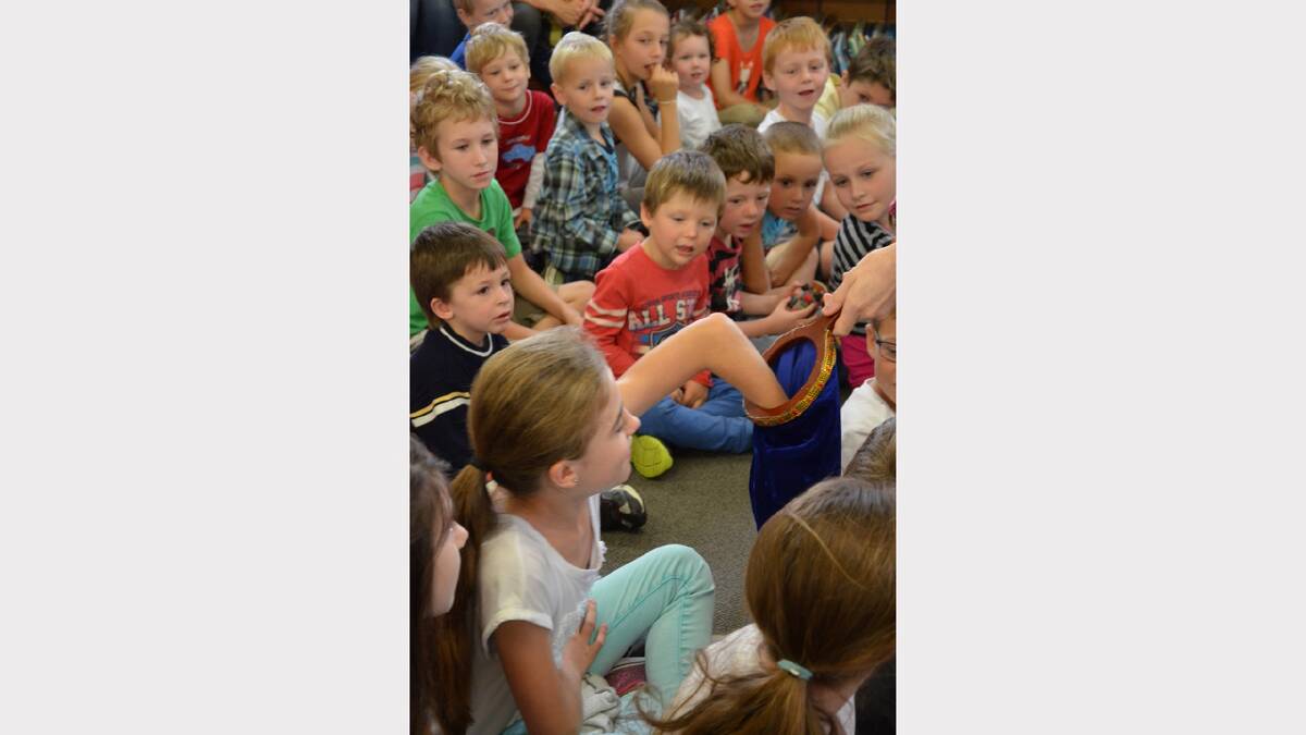 The crowd getting involved with magician Joel Howlett  at Dungog Library on Wednesday