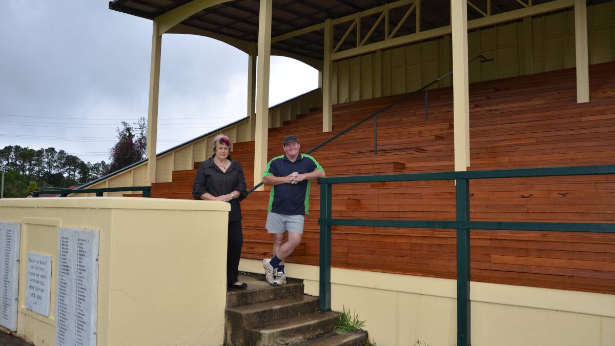 Great Lakes councillor Karen Hutchinson with Stroud Show president James Harris on the steps of the refurbished grandstand