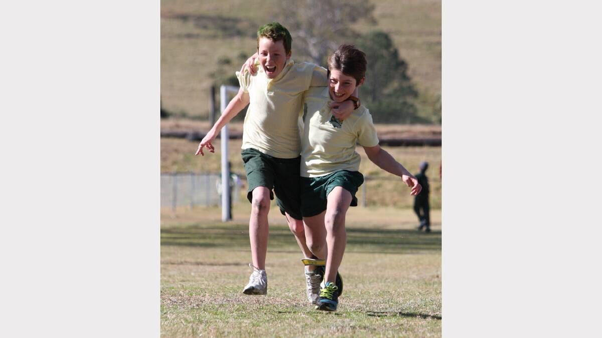 Gresford students Max Tanner and Zhane Duncan combined to have some fun in the three-legged race at their athletics carnival on Friday