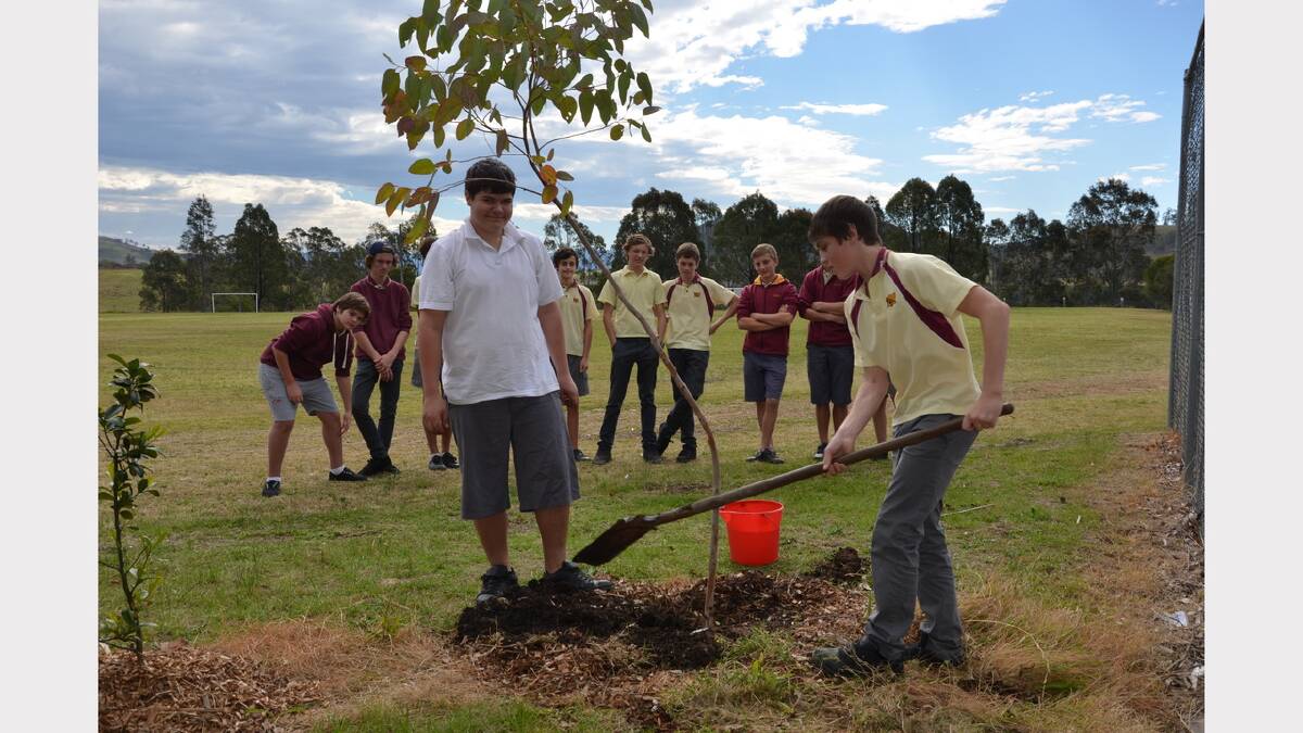 Planting a tree in the sustainable garden at Dungog High School are students Ryan Rumbel and Brodie Tull
