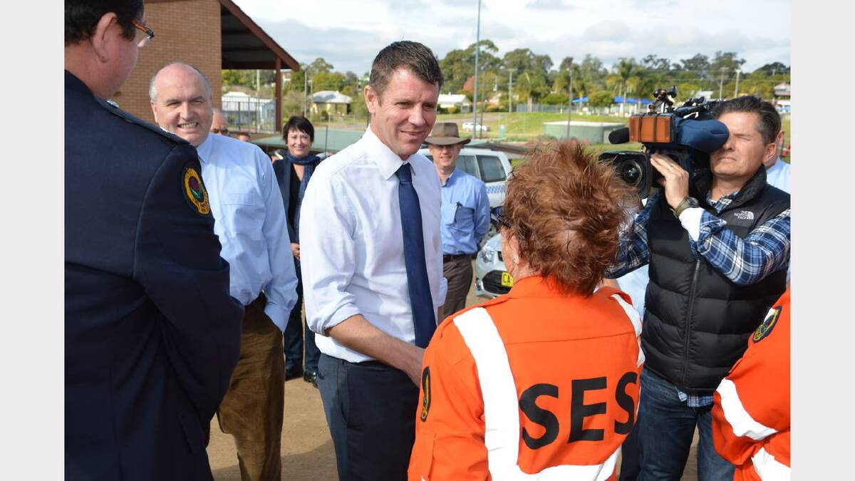Premier Mike Baird meets Dungog SES volunteer Kate Shean on his visit to Dungog on Monday.