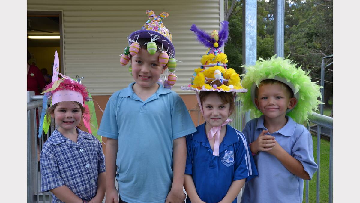  Siobhan Ness, Ryan Broadbent, Sophie Watkins and Riley Beckhouse having fun at the Easter hat parade at Glen William Public School on Friday.