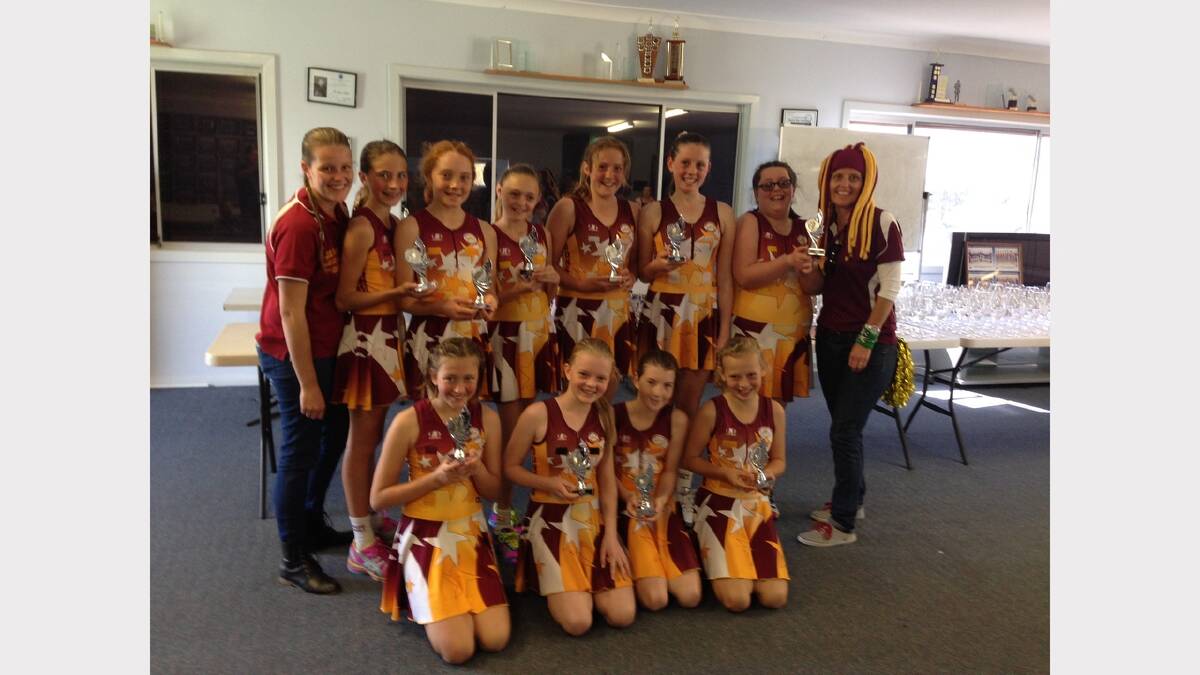 Sonic Youth netball team, back, coach Brooke Muddle, Amy Everett, Beth Flannery, Taylor Leayr , Grace McDougall, Jenna Muddle, Annabelle Watson, manager  Jo Muddle; front, Brielle Middleton, Jessica Ralston, Emily Shelton and Grace Miller.