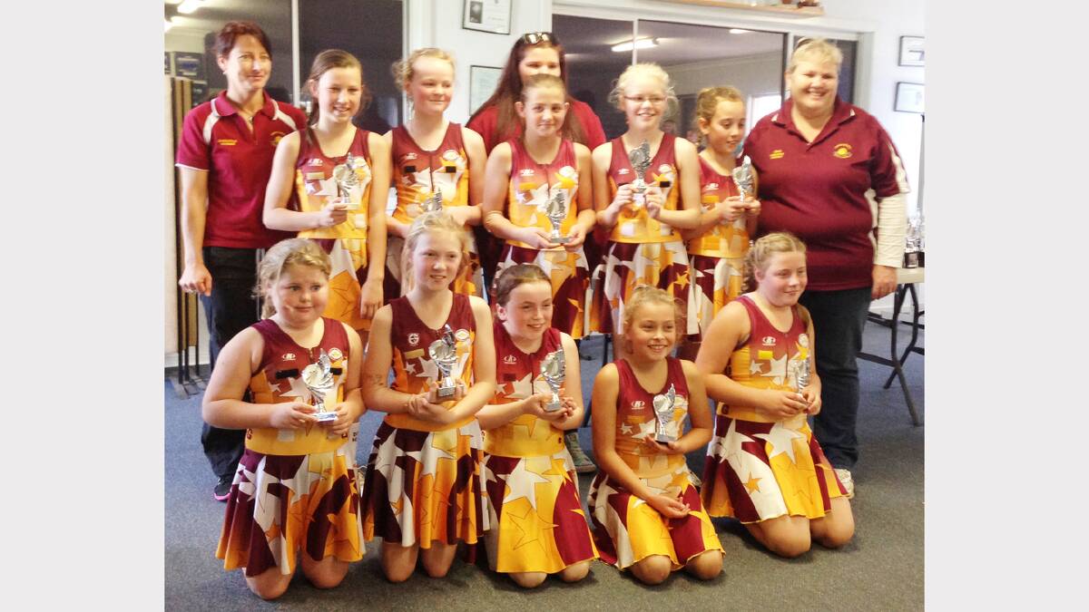 Little Devils, back, coach Katrina Watson, Jemma Walters, Madeline Edwards, Hannah Marquet, coach Brittney Coyle, Charlotte Standing, Lily Turner, manager  Sam Rumbel; front, Jessica Rumbel, Zoe Budden, Catherine McClintock, Charlotte Tull and Molly Watson.