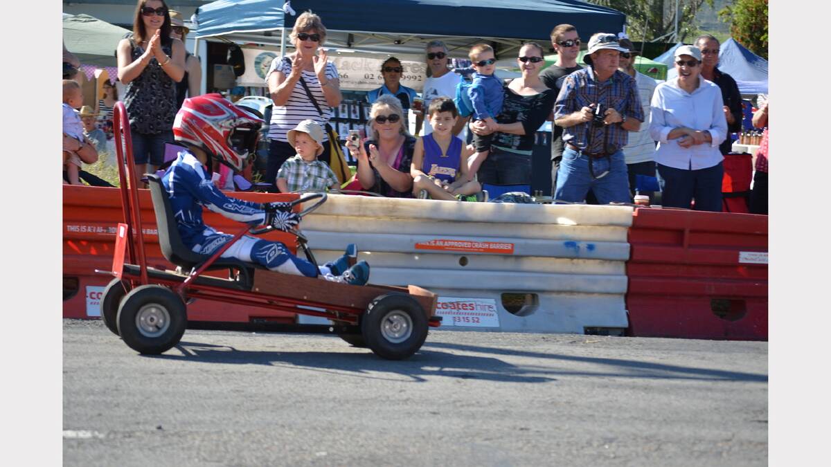 Dungog's Ben Stewart heads to the finish line at the Gresford Billy Cart Derby on Saturday