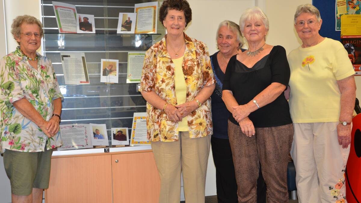 Sue Filson (left) and Di Forster (third left) with budding writers Olive Worth, Betty Bailey and Yvonne Snowdon