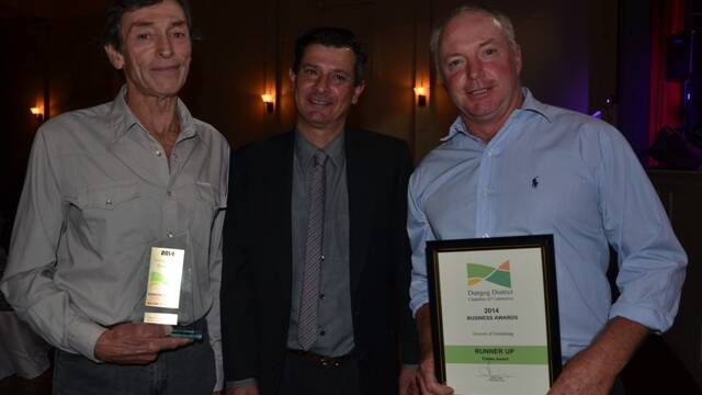 Winner of the Trades Award Wayne Smedley with sponsor Greg Iacono from Bunna Bunoo Olive Grove and runner-up Leon Groves from Groves Of Gardening.
