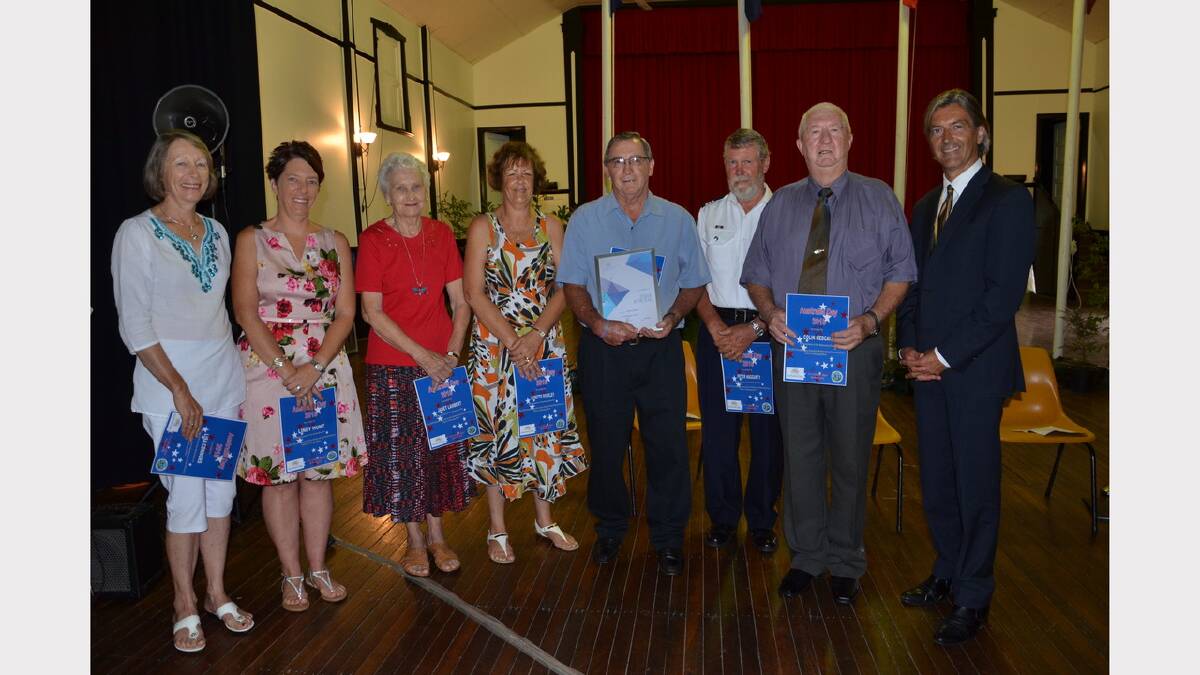 Citizen Award nominees Lisa Connors, Lindy Hunt, Janet Lambert, Lyn Moseley, winner John Copus, Nick Helier representing Peter Haggarty who was unable to attend, Col Medcalf and ambassador George Ellis.