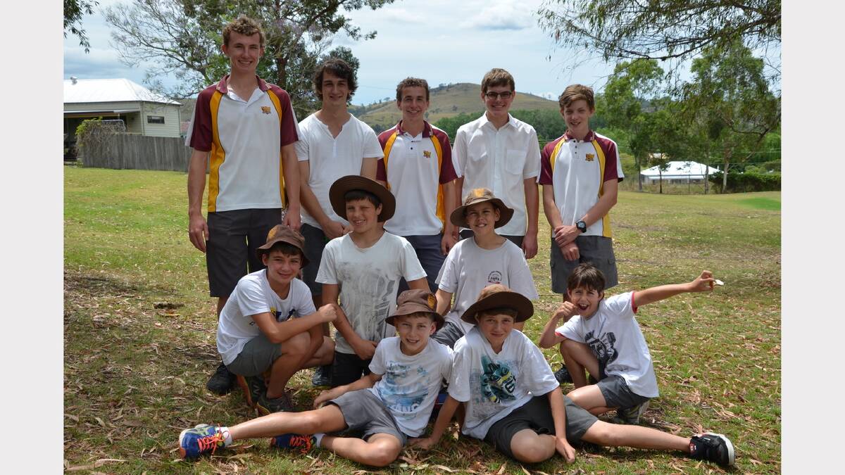 Dungog High School students Rhys Beaumont, Tom Lannigan, Mitchell Rumbel, Zac Van Dam and Campbell McDonald with, centre, Dungog Public School students Ollie Pritchard, Rylan Thomas, Noah Palmer, Bailey Rowe; front, Jono Davies and Bailey Roberts.