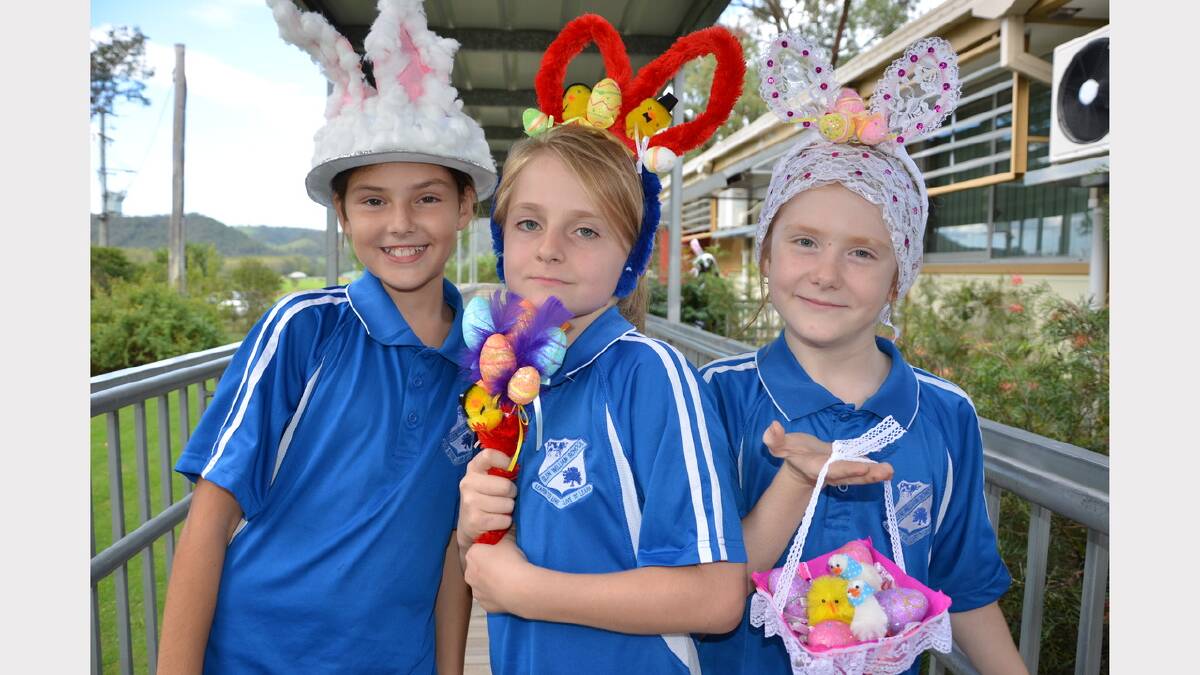  Indiah Mabbott, Meggan Watkins and Caity Watkins having fun at the Easter hat parade at Glen William Public School on Friday.