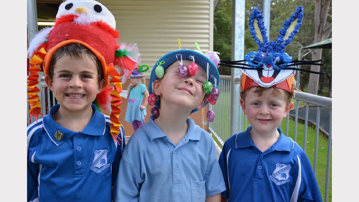  Kendall Boyton, Logan Broadbent and Alex Boyton having fun at the Easter hat parade at Glen William Public School on Friday.