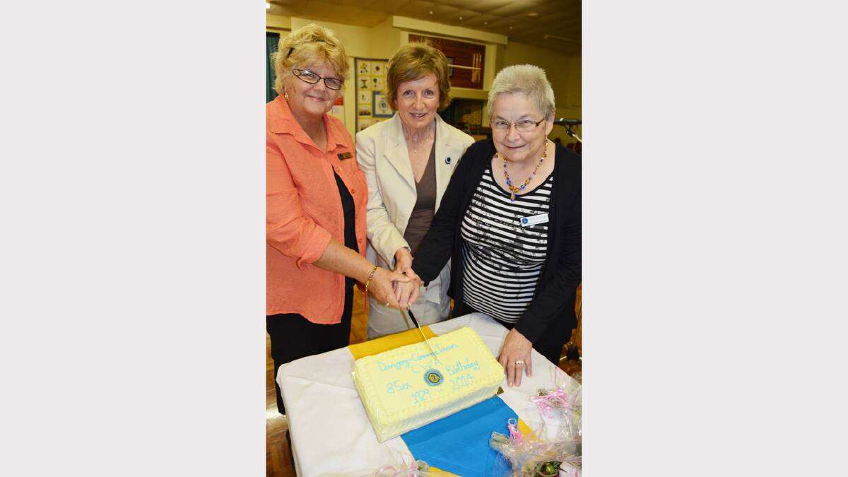 Cutting the cake were Hunter River Group president Brigita Falconer, CWA state president Roma Bundook and Dungog-Clarence Town president Hazel Andrews