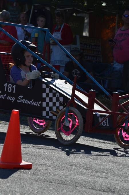 Casey Sherwin heads to the finish line at the billy cart derby held in Gresford on Saturday