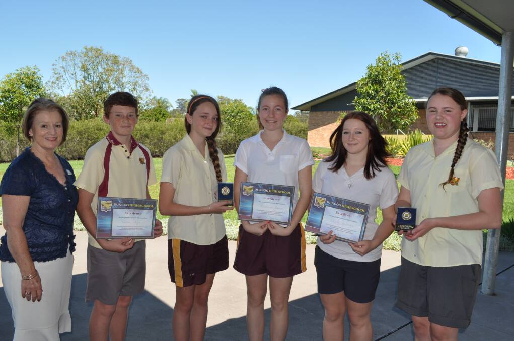 Dungog High School principal Maureen Jarvis with PBL principal’s award recipients Nelson Eyb, Eloise Hitchens, Annemieke Boland, Liberty Berthold and Gabi Griffith