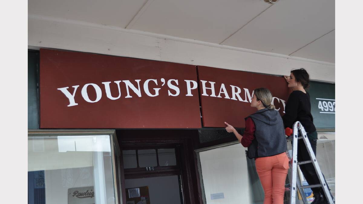 And the signs go up at J & E Hawley's for the pharmacy shoot of the film