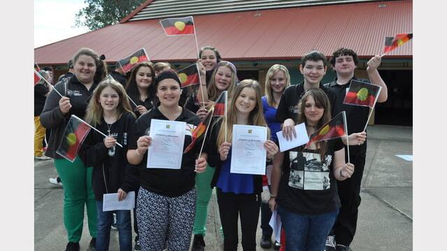 Naidoc students, back, Kiarni Griffiths, Crystal Venables, Emily Venables, Bree Studdert, Molly Wallace, Jenna'Lea Turner, Ronnie Piper; front, Emma Turner, Jaime Lee Russell, Billy Jean Hicks and Rebecca Murray.