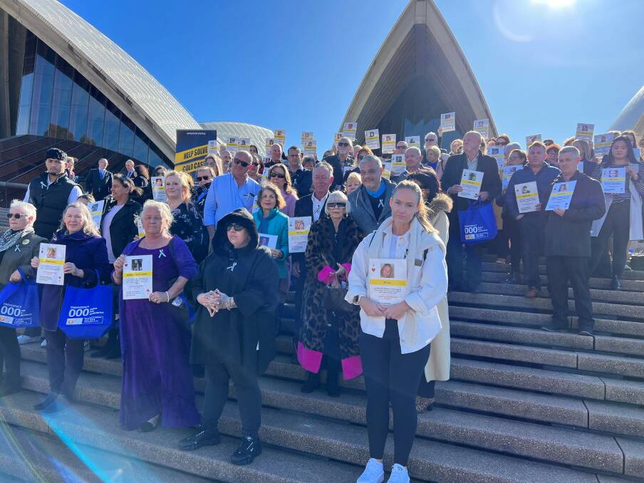 Many years in the planning: Families of the victims of 52 cold cases gather at the Sydney Opera House on Wednesday for the launch of Operation Veritas. Picture: Supplied 