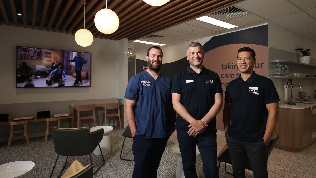 Heal Urgent Care director of nursing Jason Carney, chief executive officer Dr Tim Stewart and people experience manager Nico Vierne in the 'lounge' area. Picture by Simone De Peak