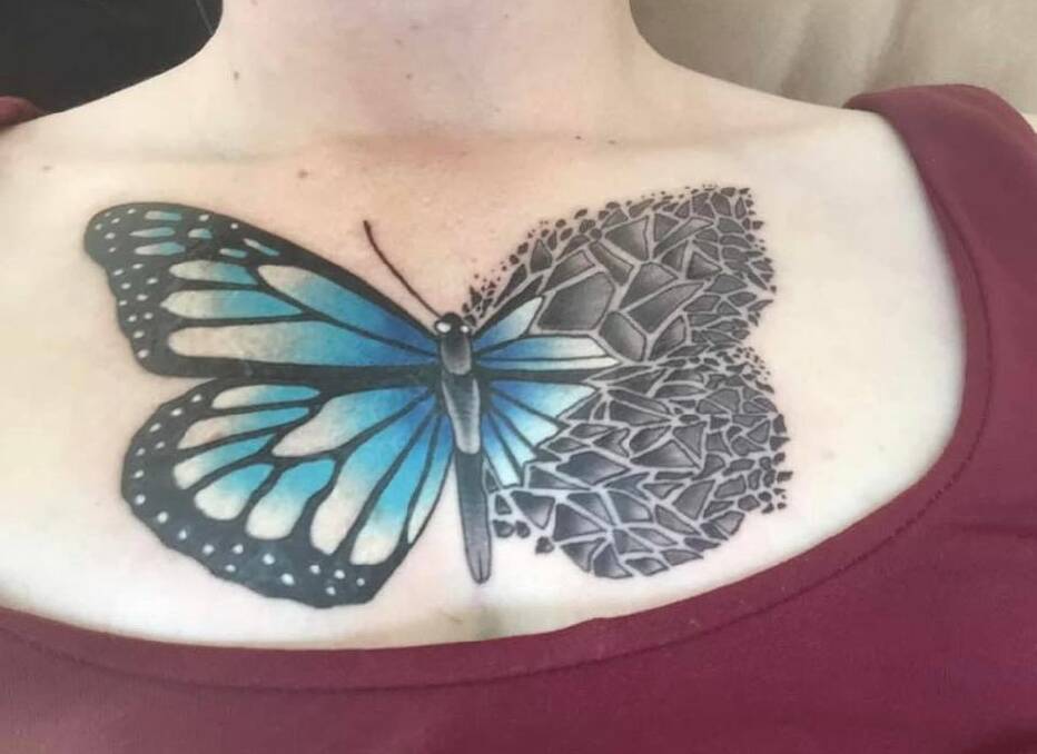 SHANNON CHIRGWIN: Shares her story of this blue butterfly tattoo, associated with her PTSD. Photo: Supplied.