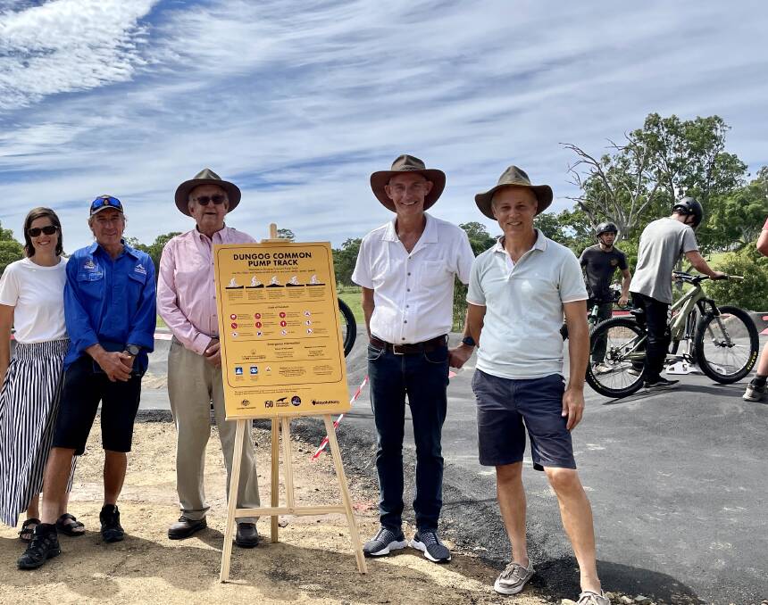 (From left) Former President of Ride Dungog Chloe Chick, Current President of Ride Dungog Brad Lean, Dungog Mayor John Connors, Secretary of the Dungog Common Howard Glenn and Dungog Common Development Director Daniel LeBlanc at the opening of Dungog's Pump Track. Picture by Angus Michie