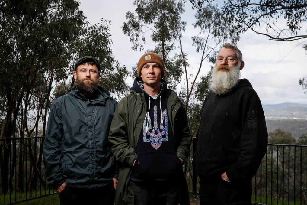 Australian Michael Jessup, Ukrainian-born Andriy Holumbiyevskyy and Scotsman Mark Lloyd Riddell - all living in Albury - will hike from Bonegilla Migrant Centre to the Mt Kosciuszko summit this Thursday. Picture by James Wiltshire
