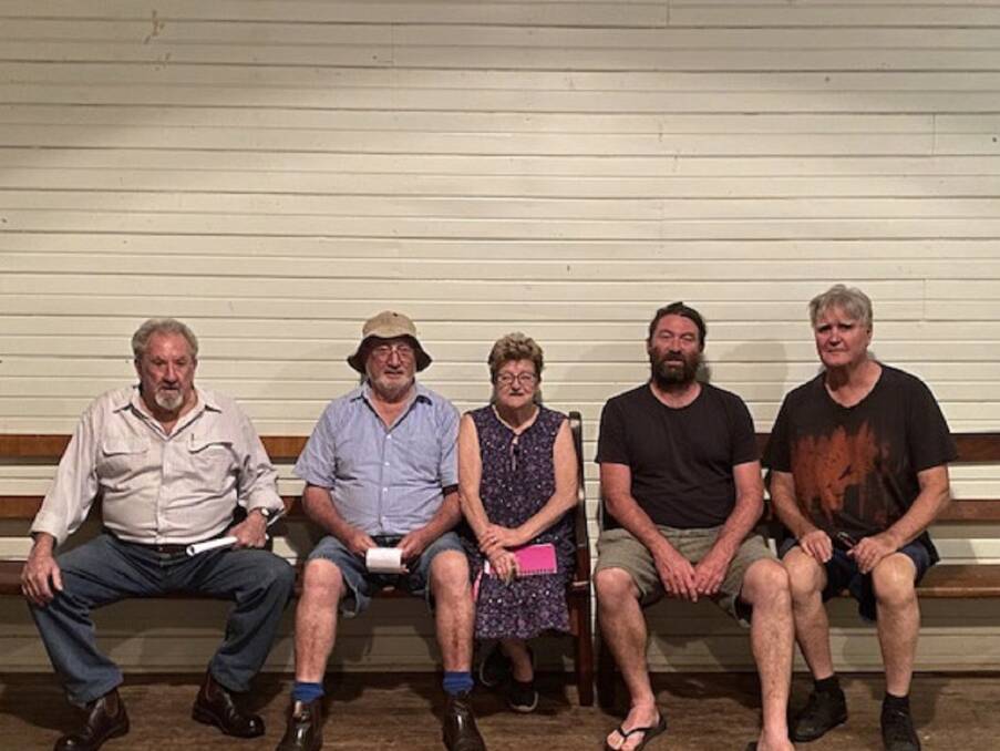 Sitting (pretty) comfortably: Members of the community try out a refurbished pew at the Bandon Grove School of Arts Hall - Grafton Shelton, Ian Watson, Eleanor Watson, Gavin Dimmery and Bruce Read.