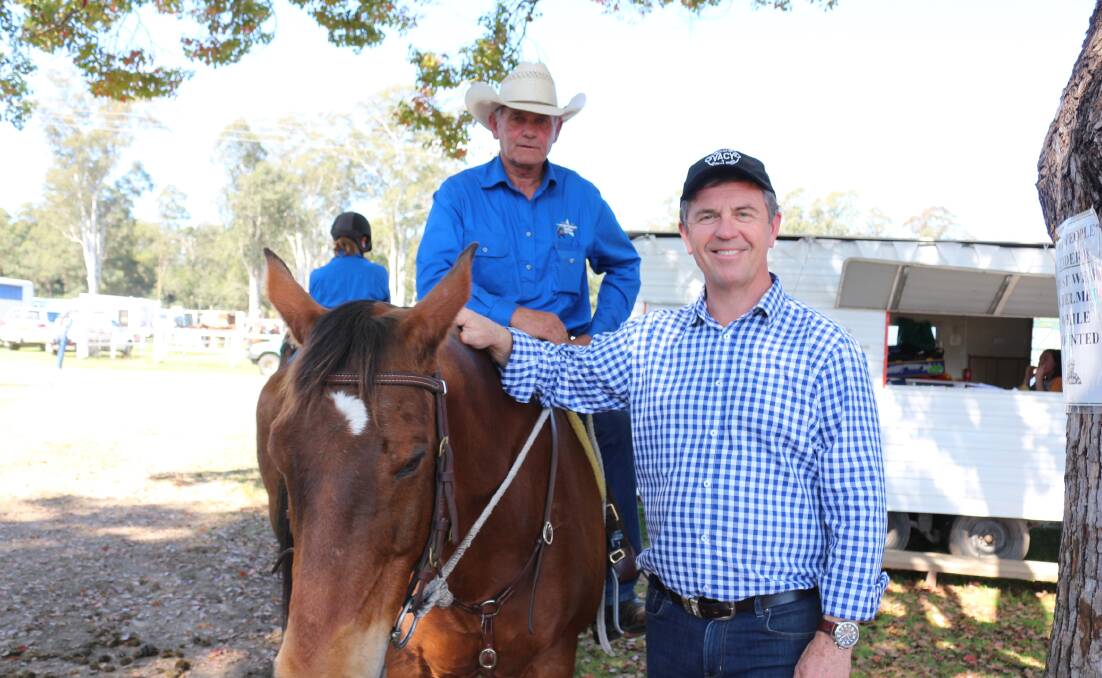 Mike Tuit (Stroud Rodeo Association) and his horse Durack with Federal Member for Lyne Dr David Gillespie MP.