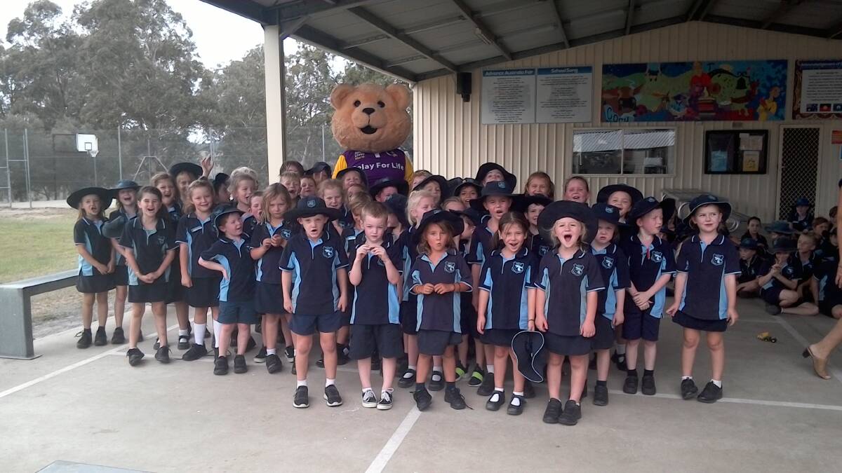 FUN: Vacy Public School children get excited for the Relay for Life following a visit from the Cancer Council mascot.