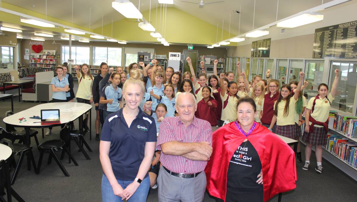 Girl Power: Sarah Kane, John Walton and Dr Jenine Beekhuyzen with the students during the STEM workshop at Dungog High School.