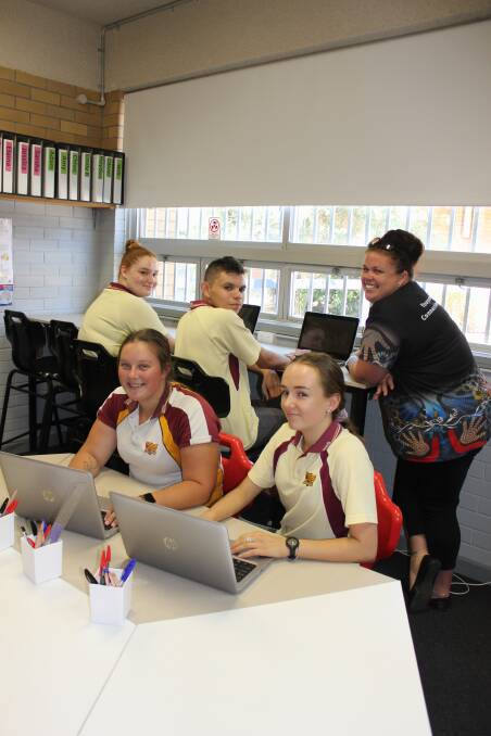 NEW ROOM: Kara Clements chats to students Leticia Ball, Jacob Bates, Sarsha Venables and Jada Laurie.