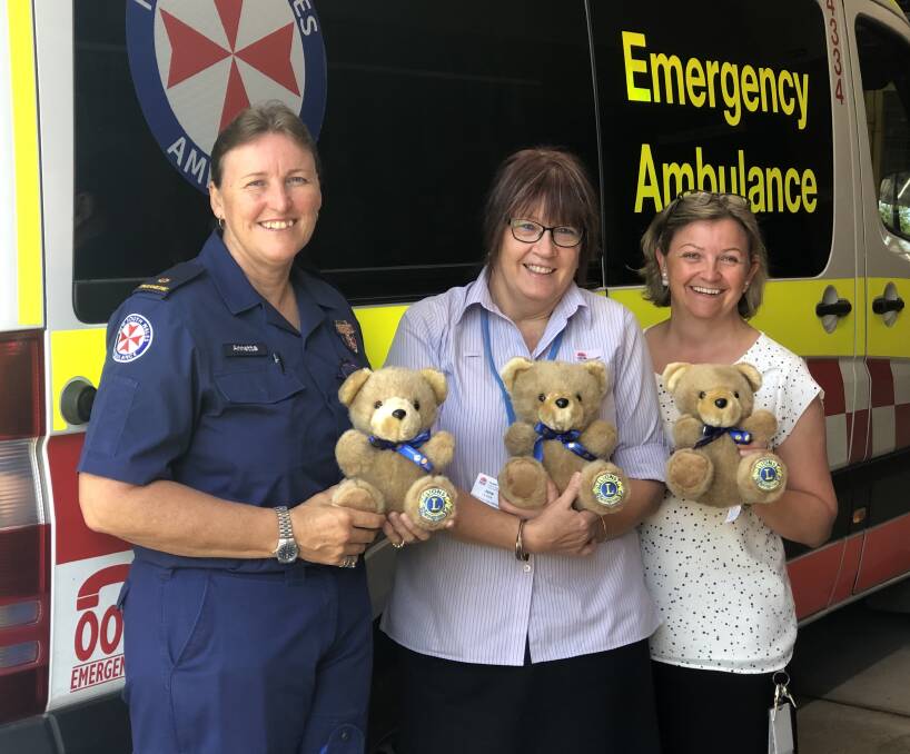 DONATION: Lioness President Jane Levick (centre), Dungog Ambulance Station Officer Annette Vickery and Dungog Hospital Site Nurse Manager, Nicky Churms with some of the Trauma Teddies.