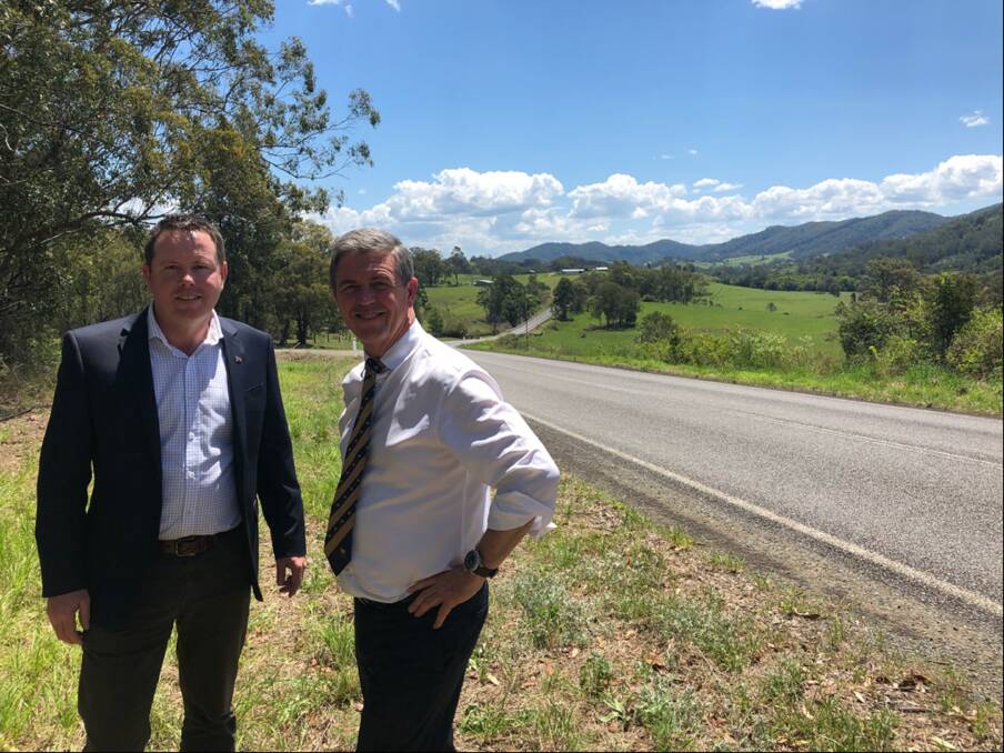 INSPECTION: Federal Minister Andrew Broad and Local Federal MP David Gillespie discuss The Bucketts Way upgrade. 