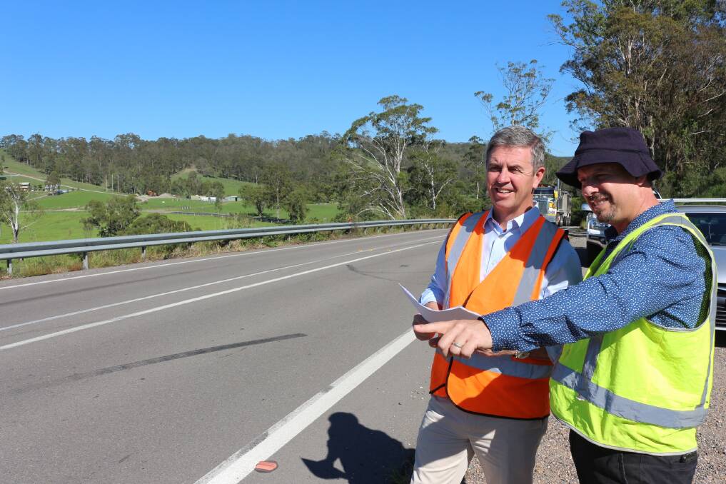 BLACKSPOTS: Federal Member for Lyne Dr David Gillespie inspects the Clarence Town Road Blackspot north of Seaham with Port Stephens Council’s Capital Works Section Manager Phil Miles.