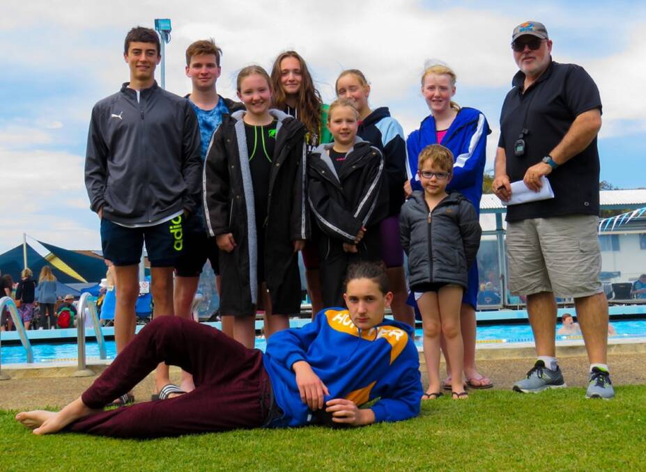 Stroud Seals Swim Club - Robert Stanley, Tim Tatchell, Hosanna Gray, Angel Gray,  Angelica Francisci, Grace Gray, Manny Gray, Jade Smith and coach Michael Abel and in front, Raff Francisci.