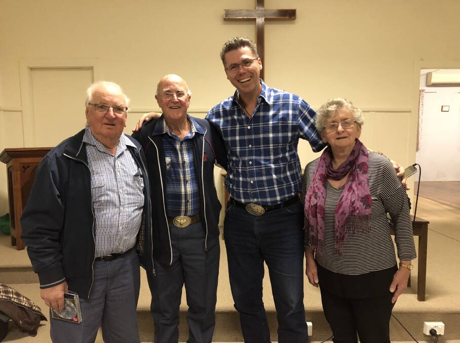 DINNER GUEST: The August dinner featured country singer Adam Price, pictured with John and Doreen Bowen and Caleb Webster.