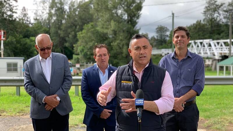 Funding announcement: Dungog mayor John Connors, Minister for Regional Transport and Roads Paul Toole, Deputy Premier John Barilaro and candidate Dave Layzell in Dungog on Friday, May 7.