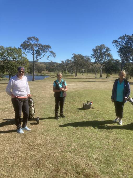 SOFT LAUNCH: Karen Crighton, Wendy Middlebrook and Nicole Osmond on the golf course on Monday for the official start of the ladies comp at Dungog. Picture: Brian Leggett