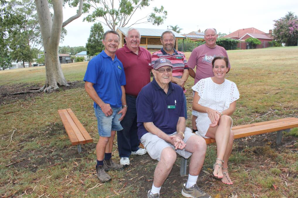 NEW: Dungog Menshed members Ken Milburn, John Pryde, John Martins and Wal Keppie with Ian Young and Dungog Public School P and C Vice- President Julie MacCormick.
